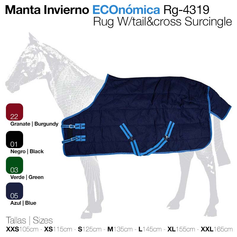 Manta de inverno para cavalo ECOnómica Rg-4319 azul com fechos e detalhes azuis sobre fundo cinza com esquema de cores