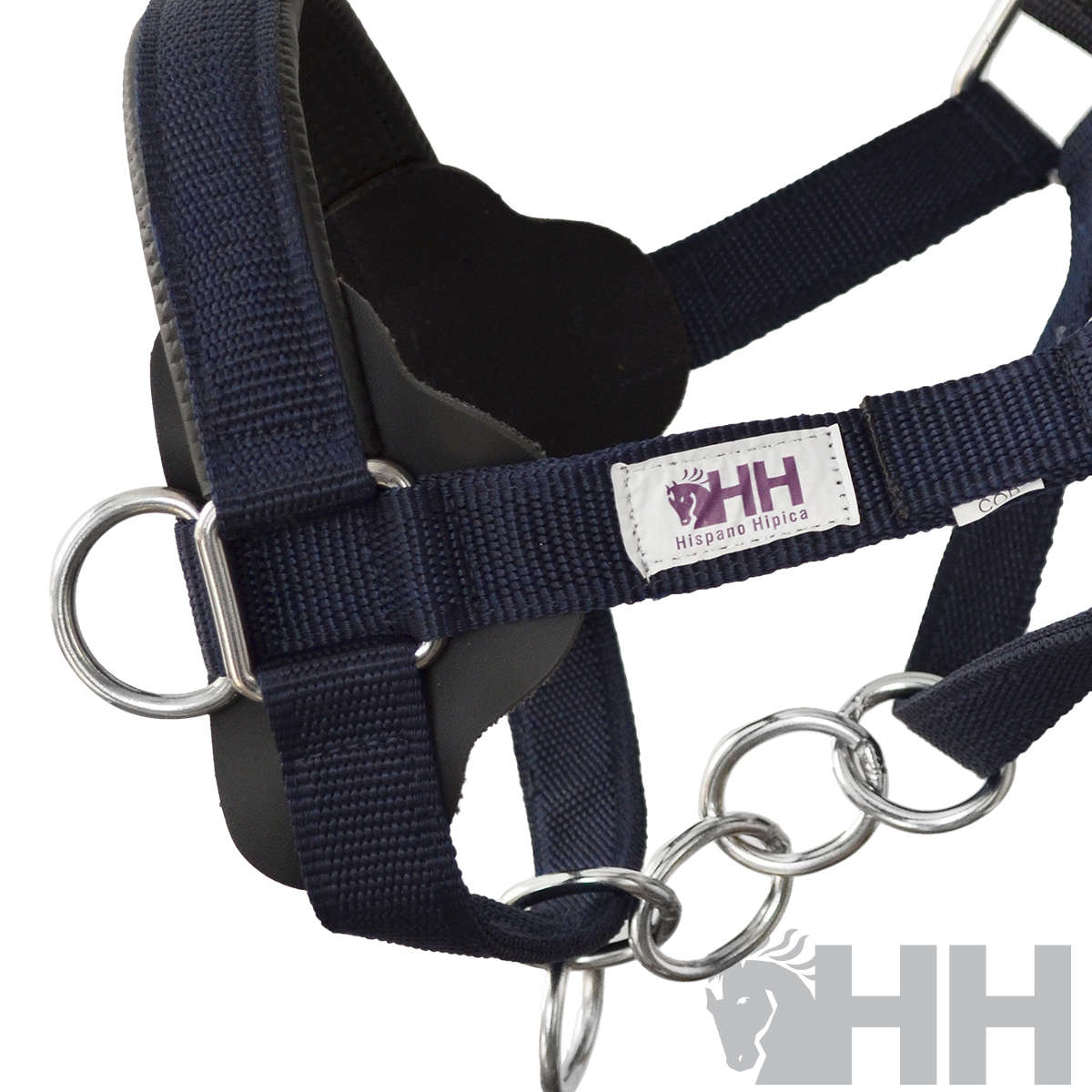 Cabresto para cavalo azul escuro com anéis metálicos e etiqueta HH Hípico Hipicas