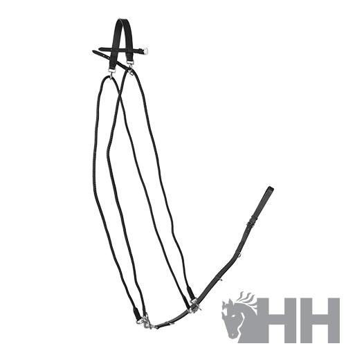 Cabresto e rédea preto com fivelas metálicas em fundo branco e logótipo HH