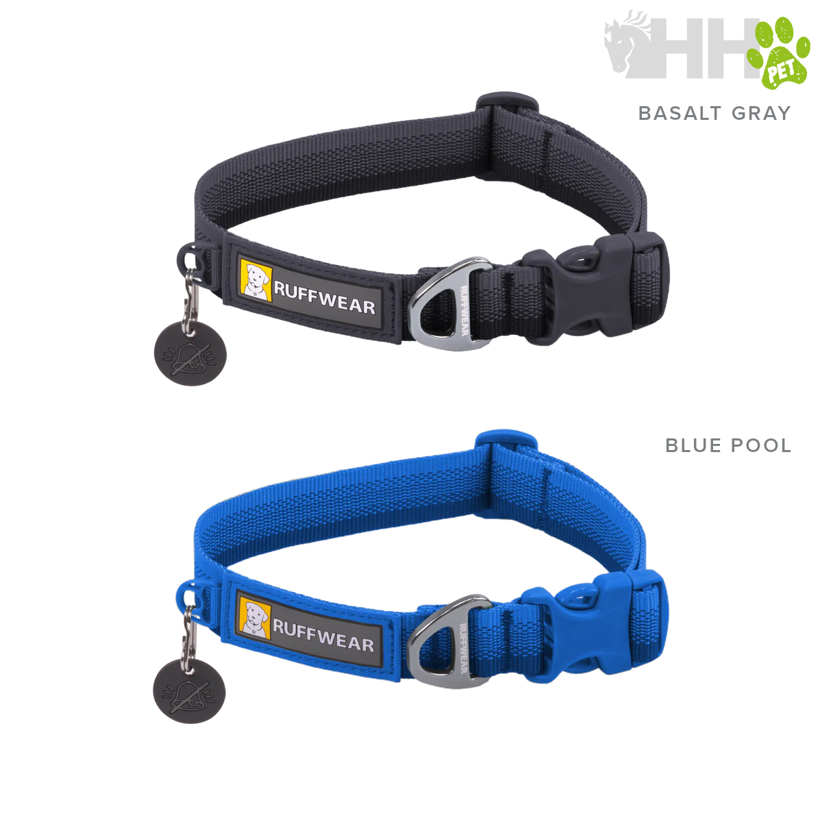 Duas trelas para cães, cinza e azul, com fivela preta e etiqueta RUFFWEAR.