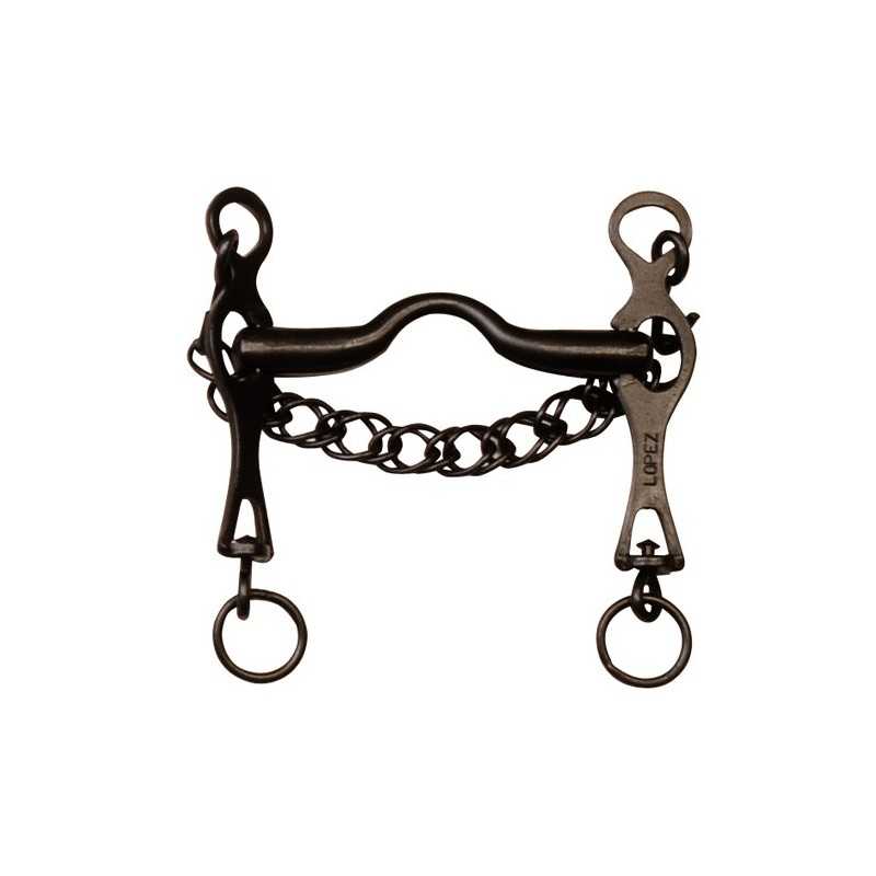 Freio de cavalo em metal preto com corrente e argolas nas extremidades