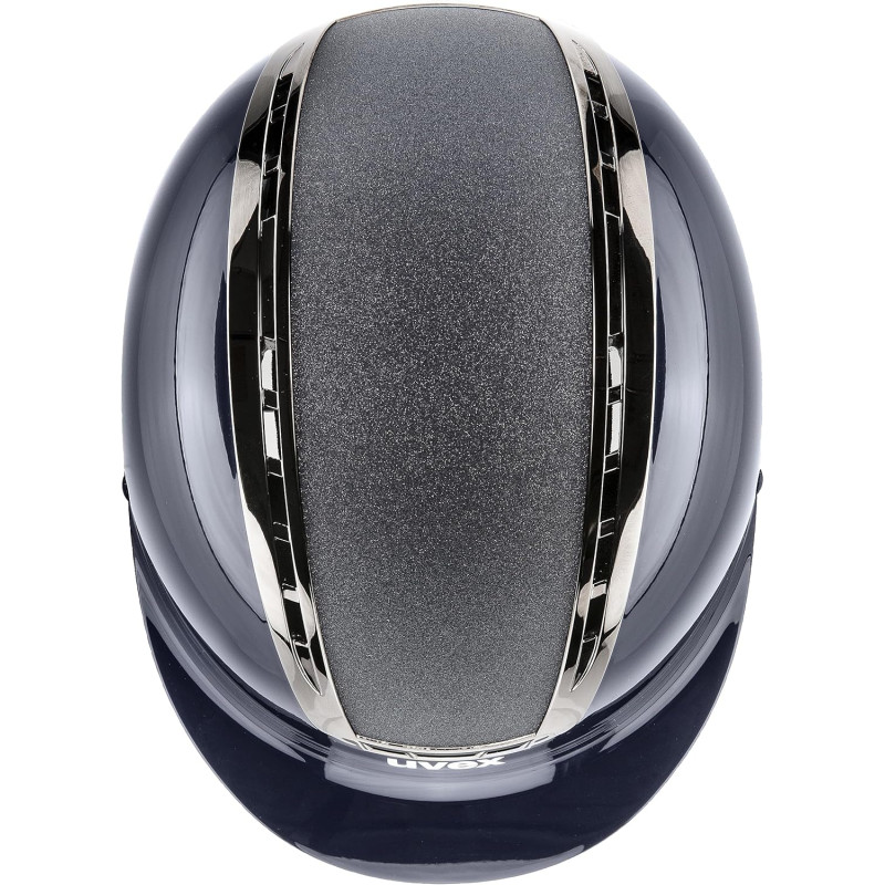Capacete de equitação azul escuro com faixa cinza antiderrapante e detalhes prateados