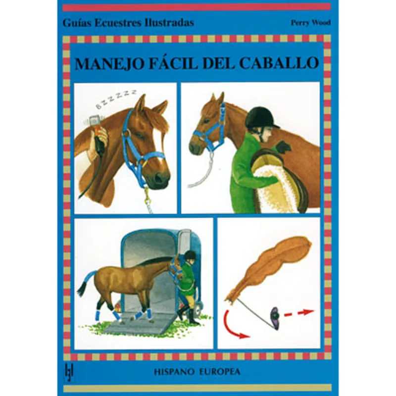 Capa de livro ilustrada sobre manejo de cavalos com imagens e texto em espanhol.