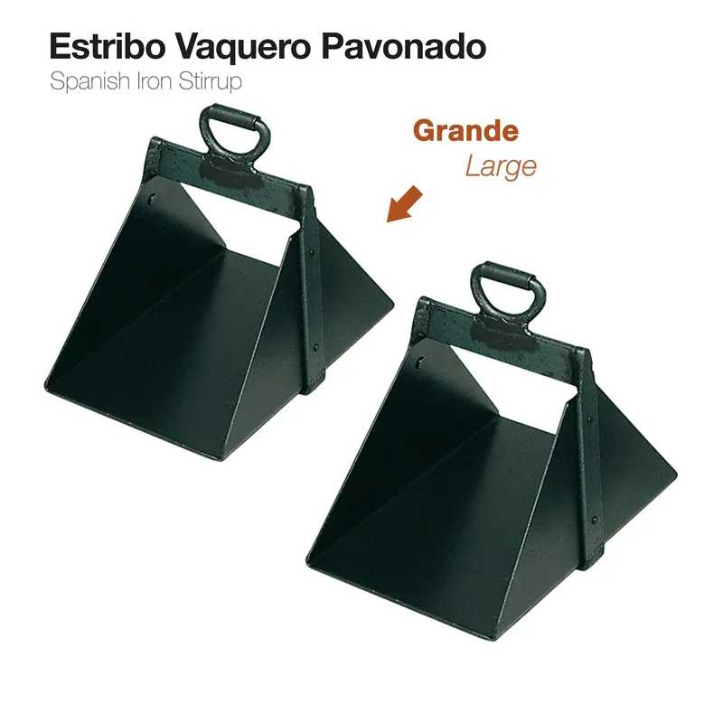 Dois estribos vaqueiros de ferro preto com alça, um identificado como grande.