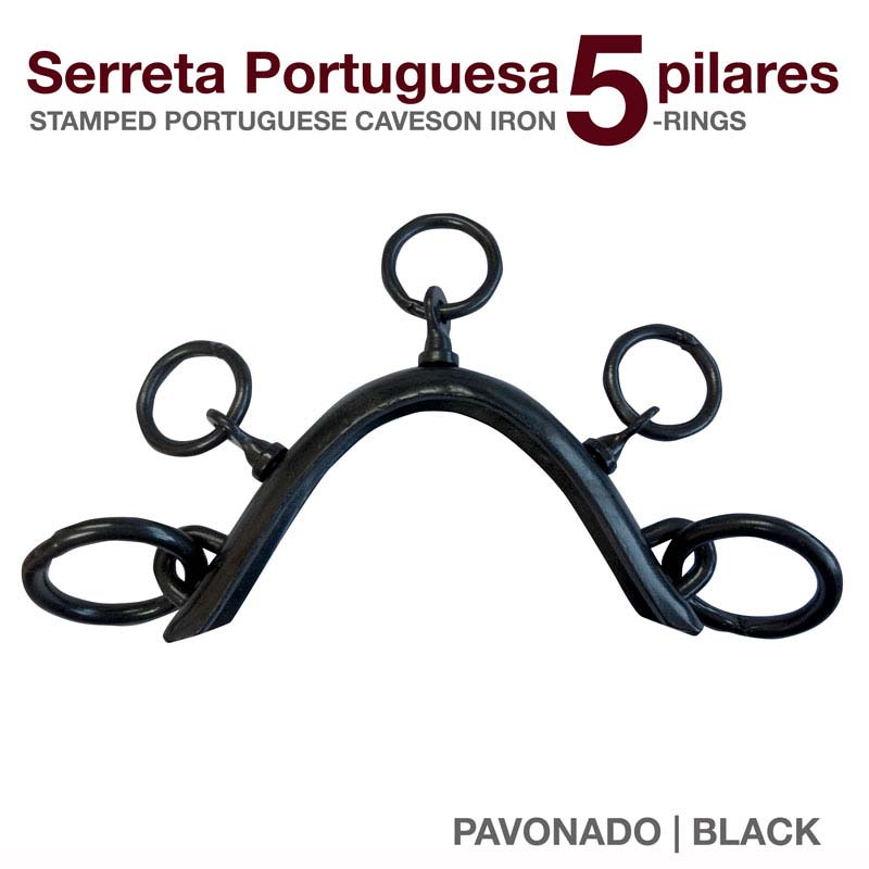 Serreta portuguesa preta com cinco anéis sobre fundo branco e texto explicativo