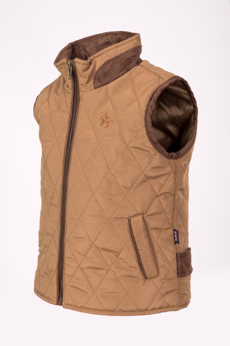 Colete masculino bege acolchoado com fecho castanho e gola elevada