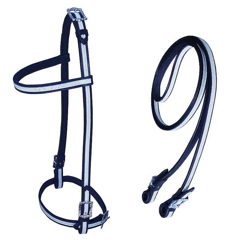 Conjunto de cabresto e rédeas preta com riscas reflexivas brancas