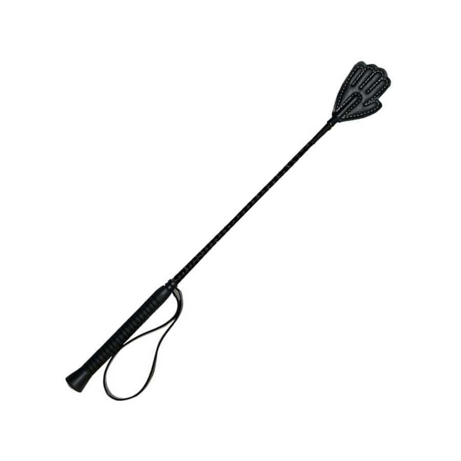 Chicote preto com pega texturizada e extremidade em forma de mão.