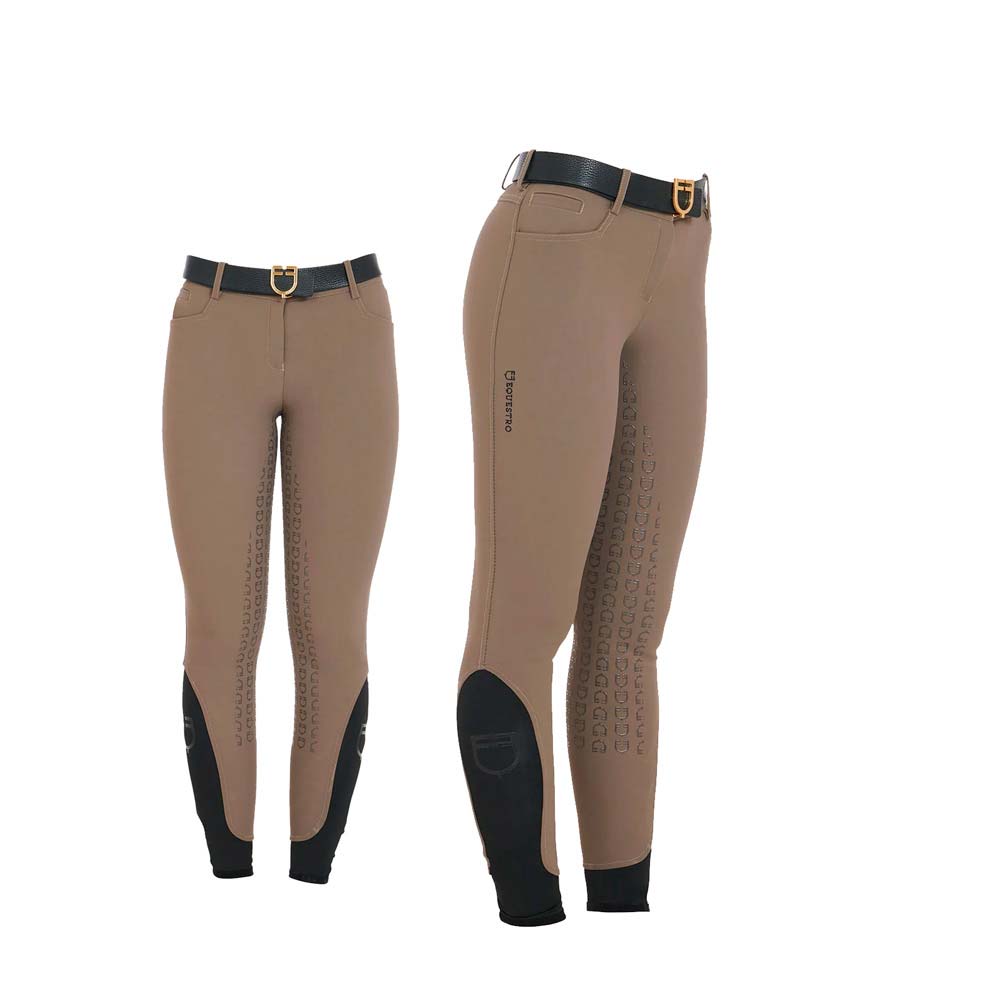 Calças de equitação castanhas com cinto preto e detalhes antiderrapantes