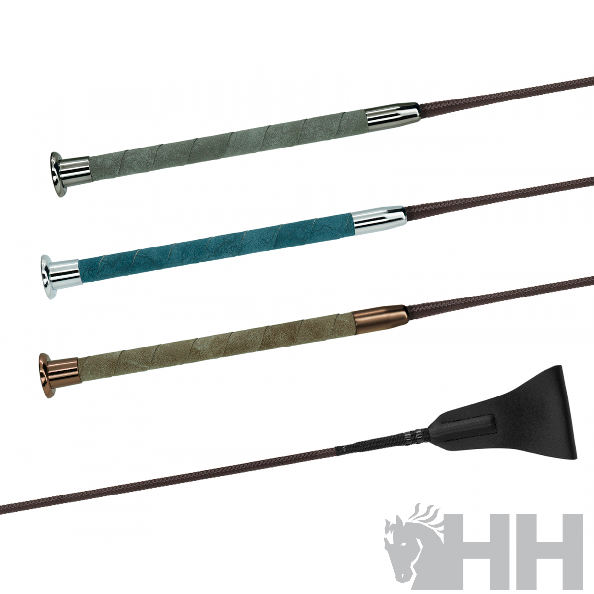 Três rédeas de equitação com pegas coloridas e ponta preta