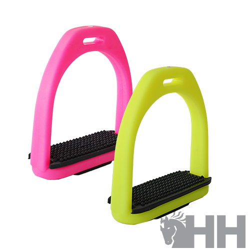 Estribos para cavalo rosa e verde com base preta e fundo branco