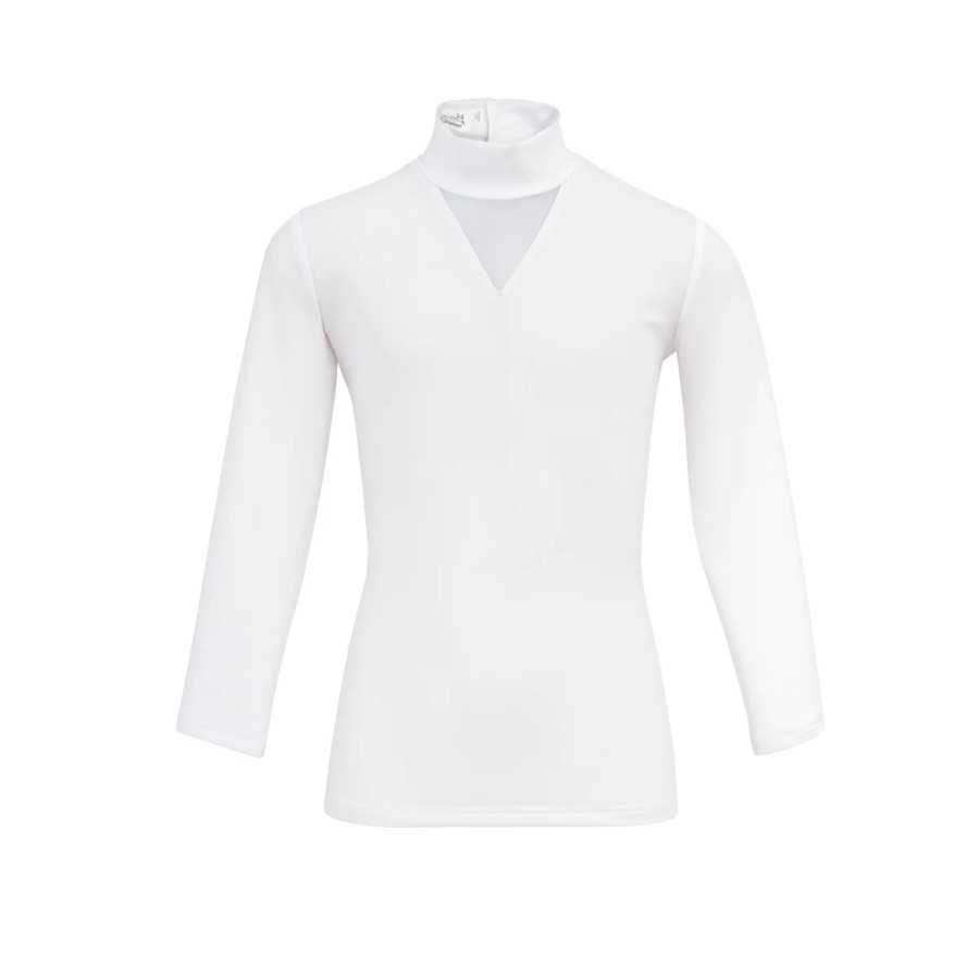 Camisola branca de mangas compridas com gola alta e decote em V.