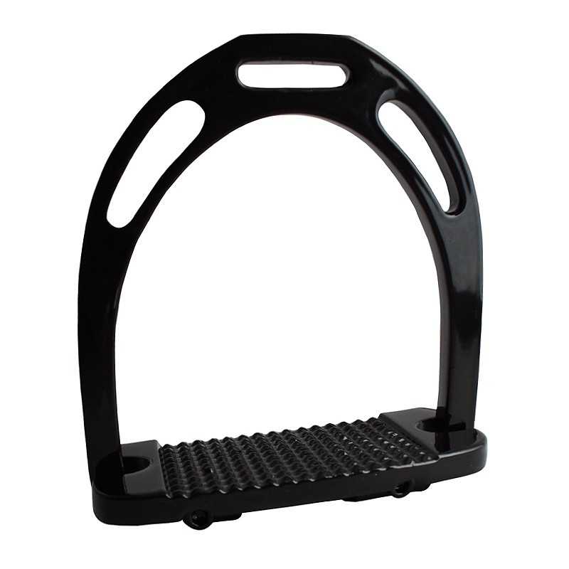 Estribo de montaria em metal preto com superfície antiderrapante