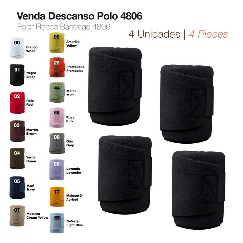 Quatro vendas em fleece polar preto com tabela de cores ao lado.
