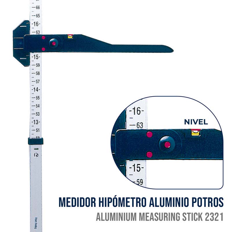 Medidor hipómetro de alumínio com escala métrica e nível, usado para medições precisas.