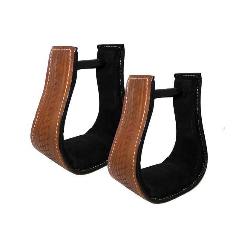 Estribos equestres em couro castanho com interior preto e costuras brancas
