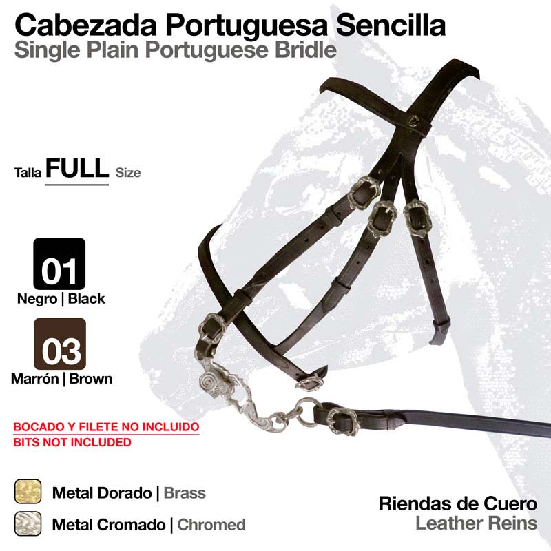 Cabeçada portuguesa simples de couro preto com fivelas metálicas cromadas