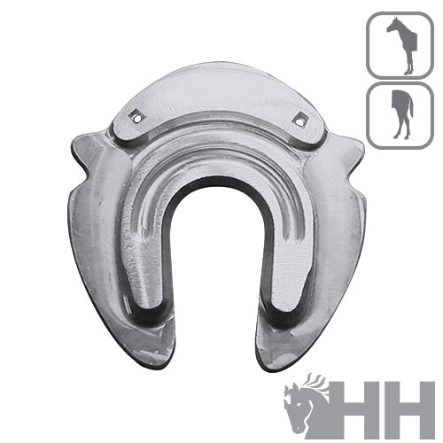 Ferradura metálica para cavalo com logótipo HH e ícones de cavalo