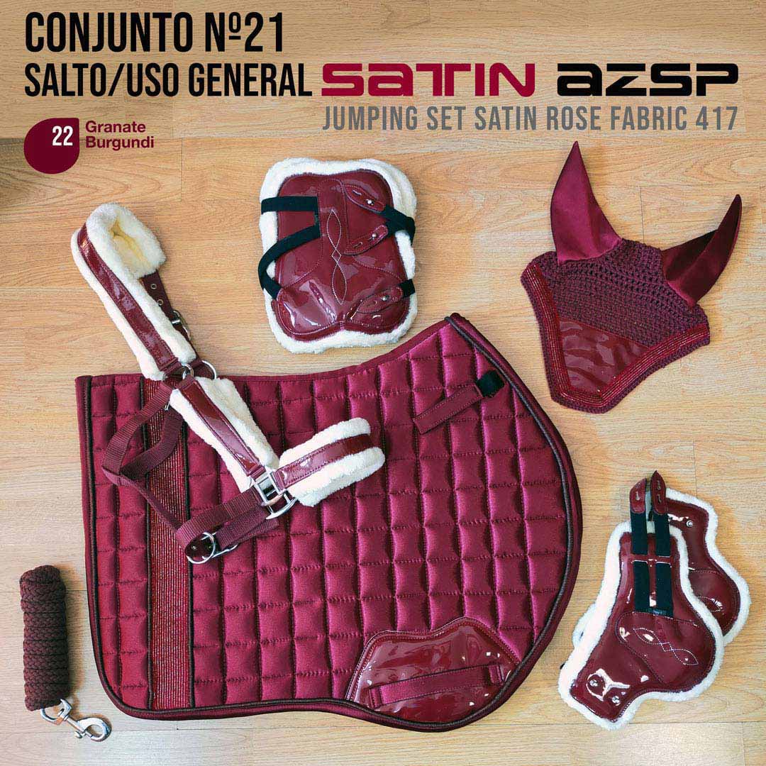 Conjunto de equipamentos de equitação granate Burgundy sobre chão claro.