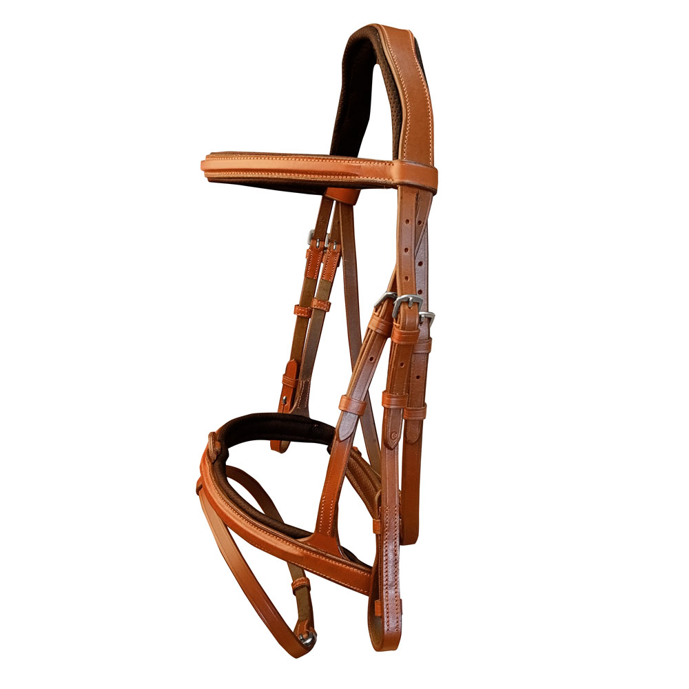 Freio de cavalo em couro castanho com fivelas metálicas