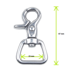 Mosquetão metálico prateado com medidas indicadas