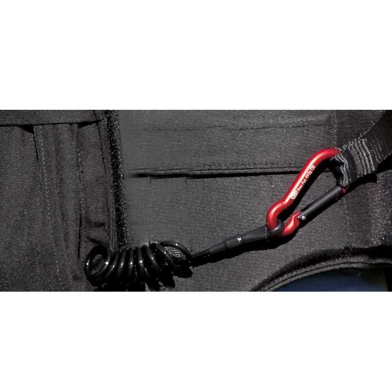 Correia preta com mola espiral preta e mosquetão vermelho DMM