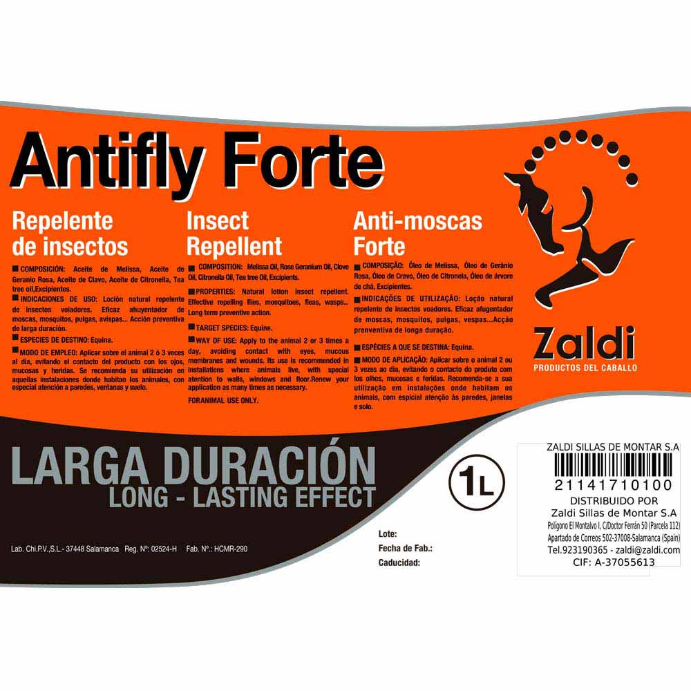 Etiqueta de produto Antifly Forte repelente de insectos para equinos com informações de composição e uso