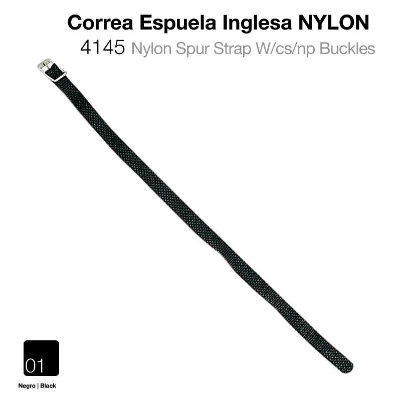 Correia de espuela inglesa preta de nylon com fivelas metálicas