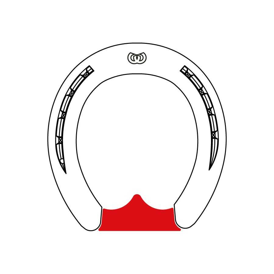 Ferradura branca com detalhes pretos e vermelho na base numa imagem minimalista