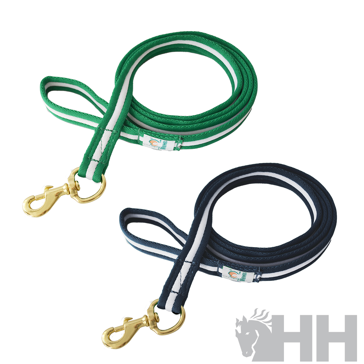 Duas trelas para animais, uma verde e outra preta, com fechos metálicos dourados