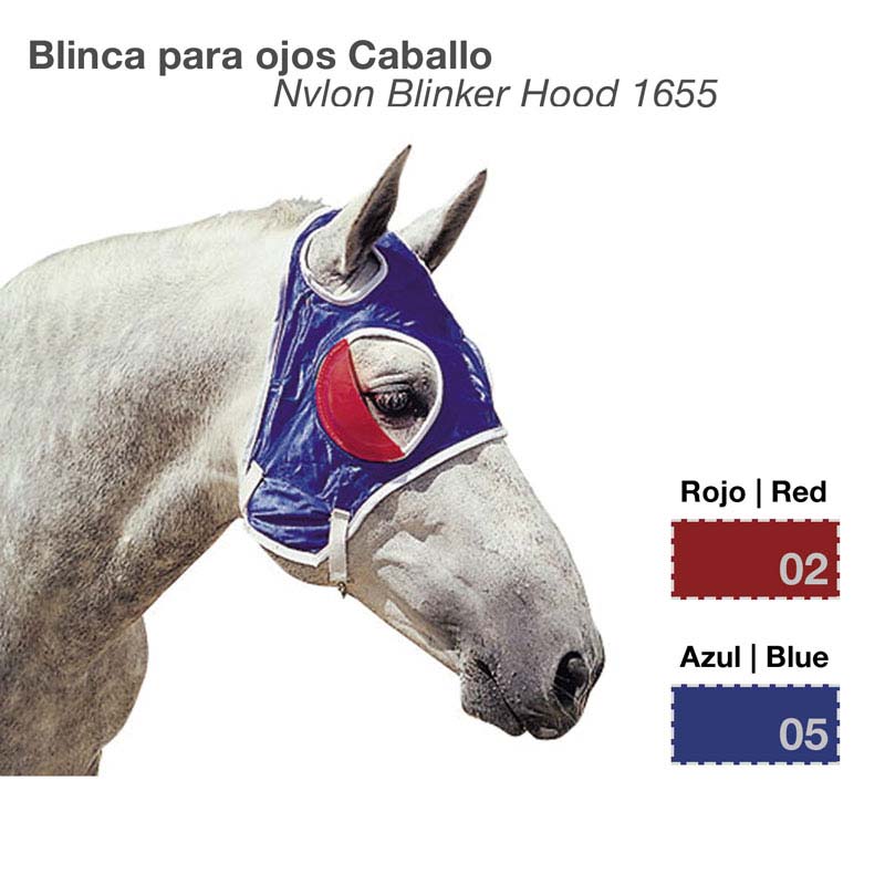 Máscara para olhos de cavalo em nylon azul com recortes vermelhos para os olhos.