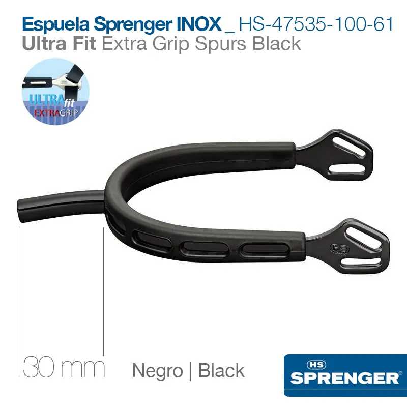 Espuela Sprenger INOX preta Ultra Fit Extra Grip, 30 mm, com detalhes e logotipos