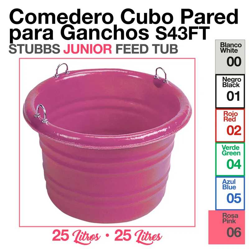 Comedouro rosa de parede para ganchos com capacidade de 25 litros e tabela de cores disponíveis.