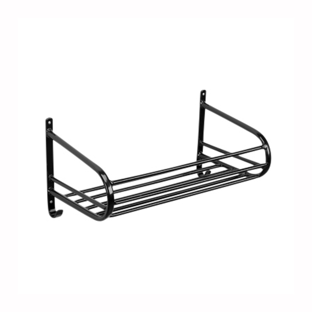 Estante de parede preta de metal com barras e gancho