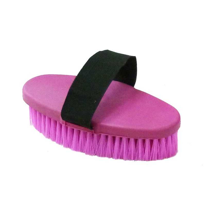 Escova oval rosa com cerdas e tira preta elástica