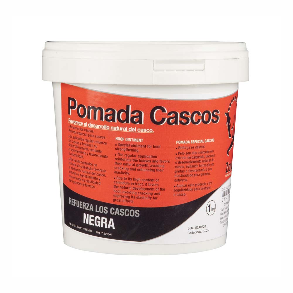 Frasco branco de pomada para cascos de cavalo com rótulo vermelho e preto