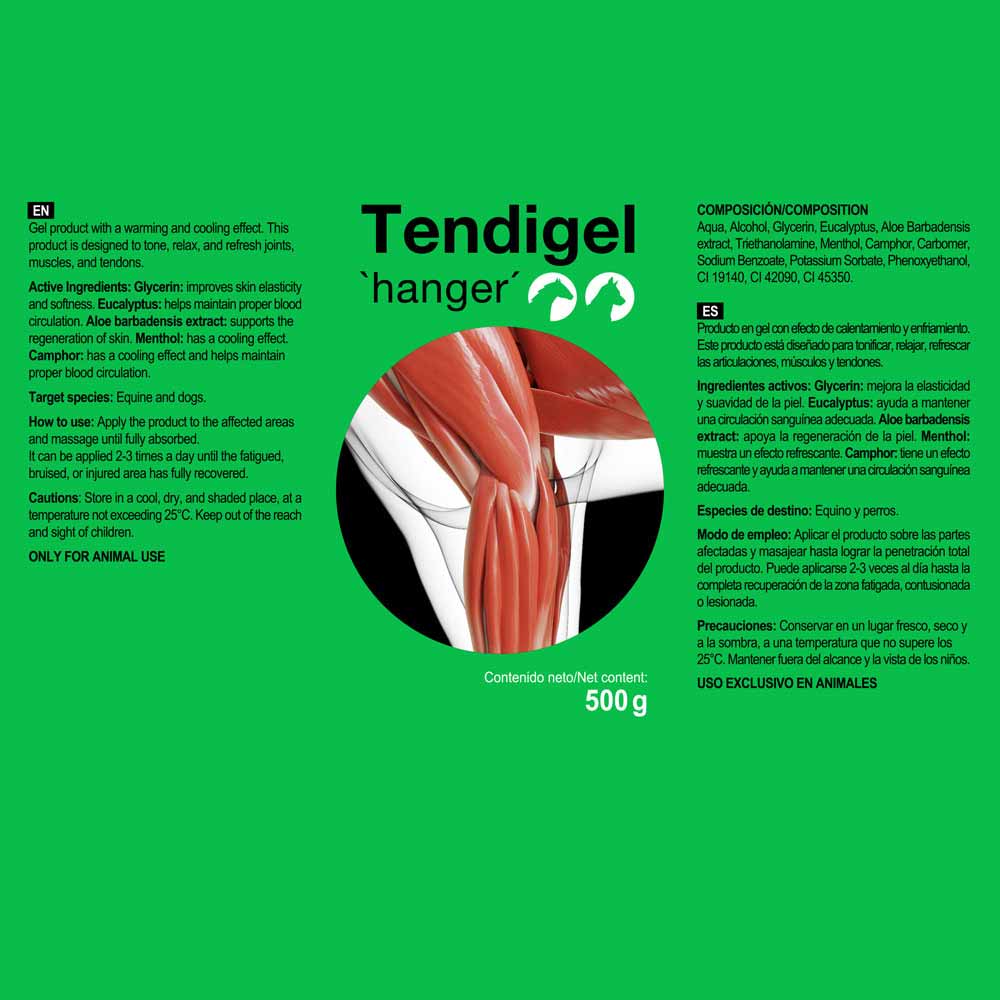 Etiqueta verde do gel Tendigel com texto e ilustração músculo