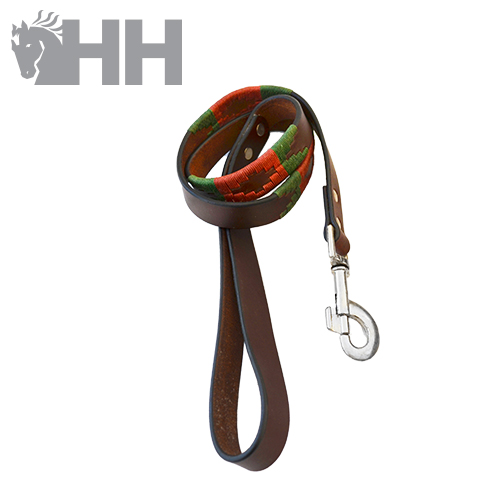 Trela para cão em pele castanha com padrão floral colorido no interior