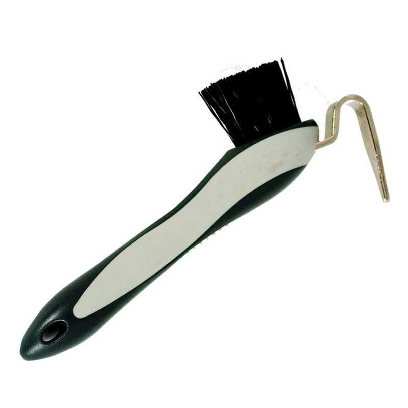 Escova com cabo ergonómico verde e cinzento, cerdas pretas e gancho metálico.