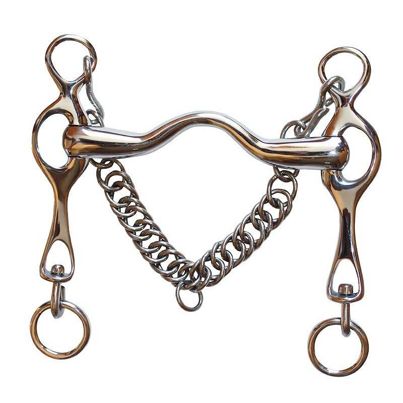 Freio de cavalo metálico com bocal ondulado e corrente entrelaçada