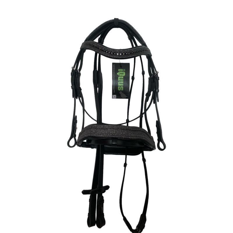 Cabresto e guia de cavalo preta em couro com detalhes cinza e etiqueta Hidus