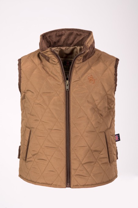Colete acolchoado castanho com fecho de correr e gola alta