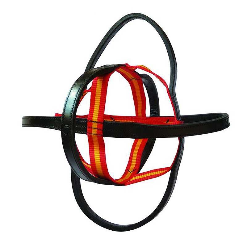 Arnês para cão em pele preta e tecido laranja com riscas amarelas