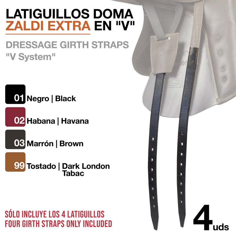 Correias para sela de equitação Latiguillos Doma Zaldi Extra em várias cores com sela de couro bege ao fundo