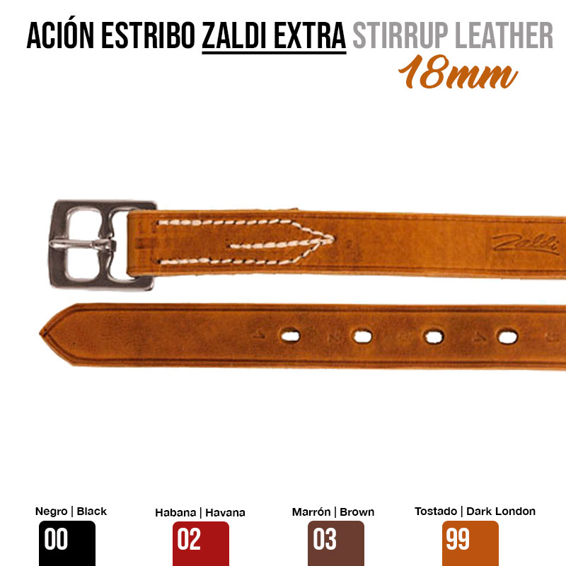 Correia de estribo em pele castanha tostada com fivela metálica prateada e costuras brancas.