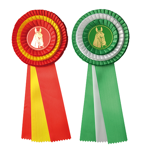Dois rosetas com fitas de cetim em vermelho e amarelo e verde e branco com desenho de cavalo
