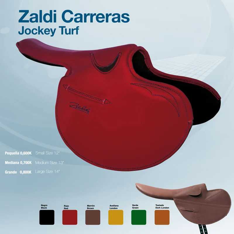 Sela de corrida vermelha Zaldi Carreras Jockey Turf com amostras de cores e texto