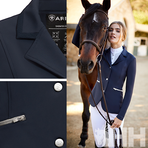 Blazer de competição equestre azul escuro com fecho metálico e bolsos