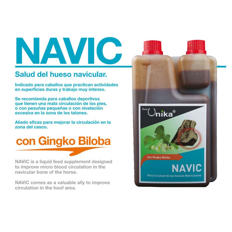 Suplemento líquido para cavalos NAVIC da Ínova Unika em embalagem plástica castanha com tampa vermelha e rótulo verde e azul