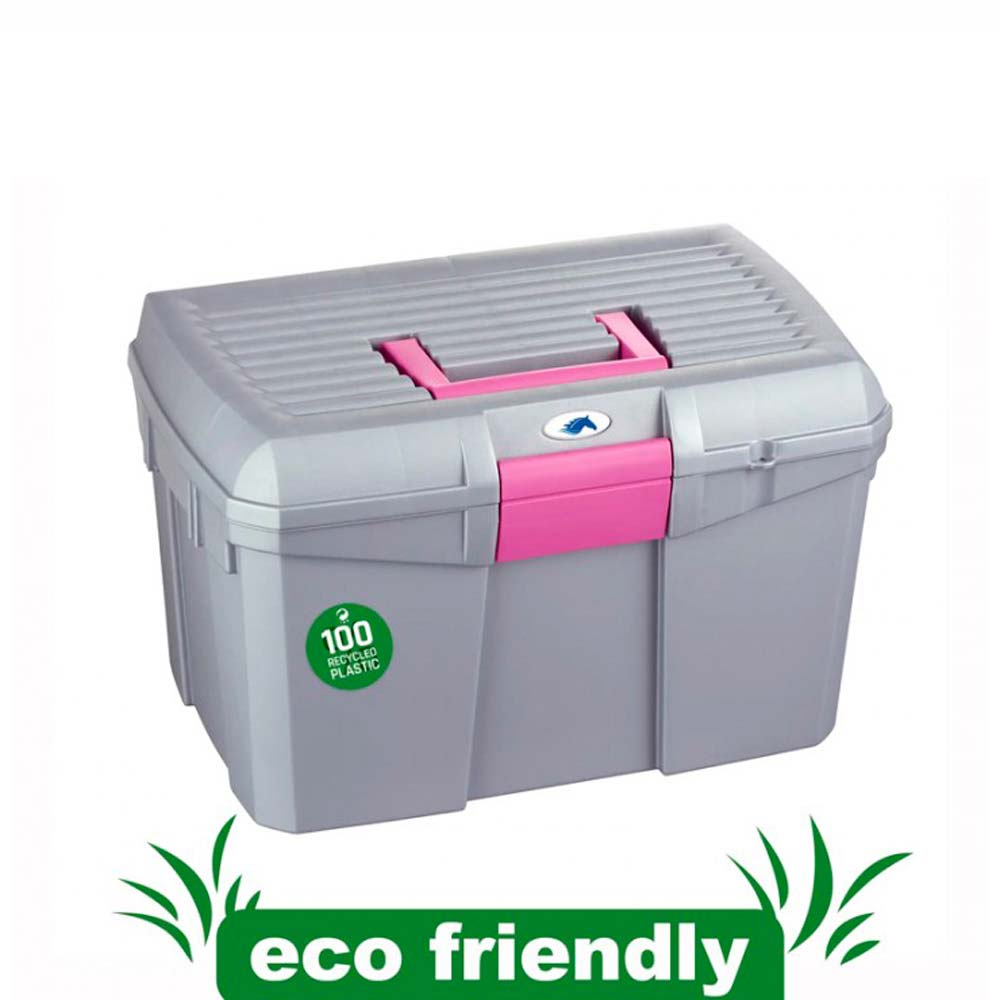 Caixa organizadora cinzenta com detalhes rosa e etiqueta eco friendly.